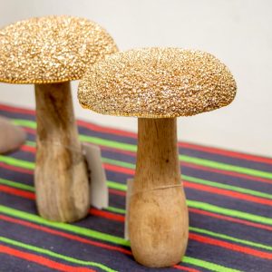 Wood and Gold Beaded Mushroom Ornament