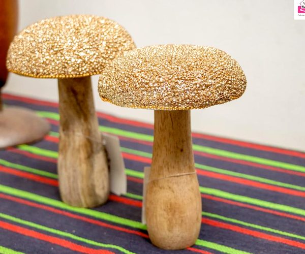 Wood and Gold Beaded Mushroom Ornament